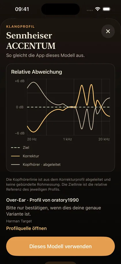 App-Ansicht: Kopfhörerprofil mit Korrekturkurve