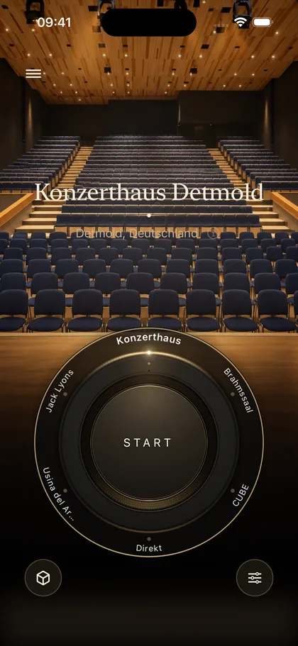 App-Ansicht: Drehwähler mit Start, gewählt Konzerthaus Detmold